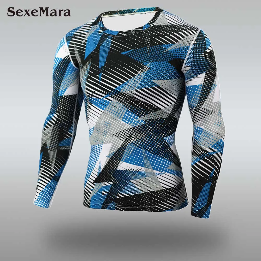 T-shirt Кроссфит компрессионная рубашка Рашгард для MMA спортивный костюм Мужская футболка с длинным рукавом+ колготки для мужчин комплект брюки Фитнес Спортивная одежда - Цвет: T-shirt