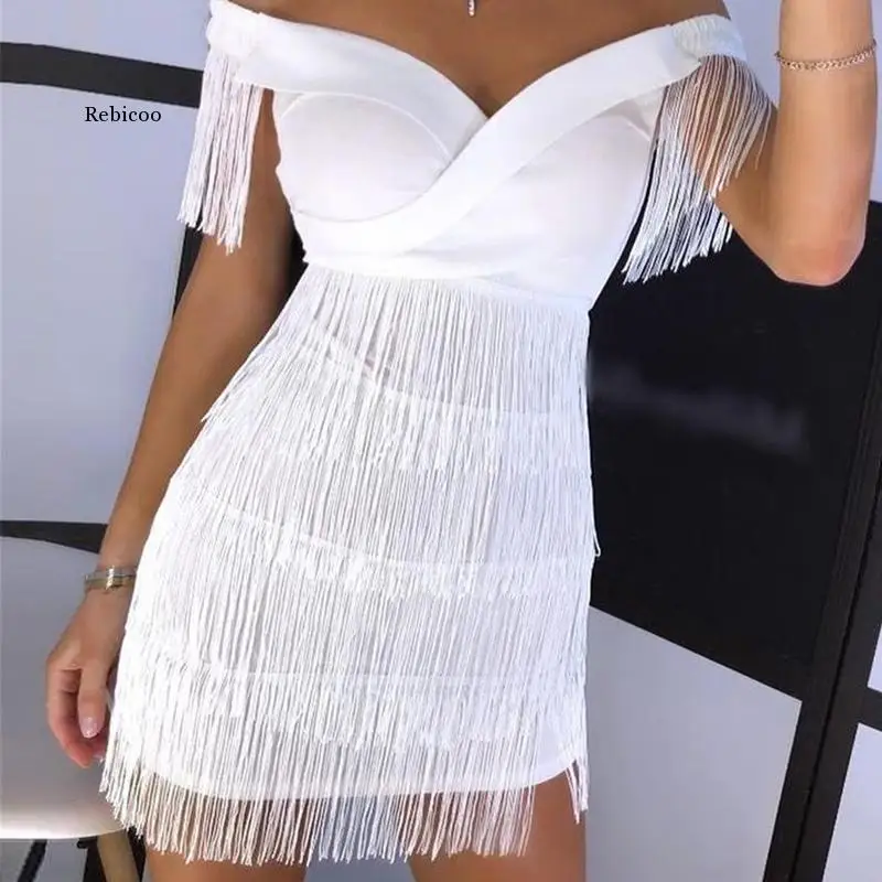 

Sexy Sleeveless Bodycon Mini Dress Women White Off Shoulder Tassel Female Short Dresses Summer Party Club Bandage Vestidos