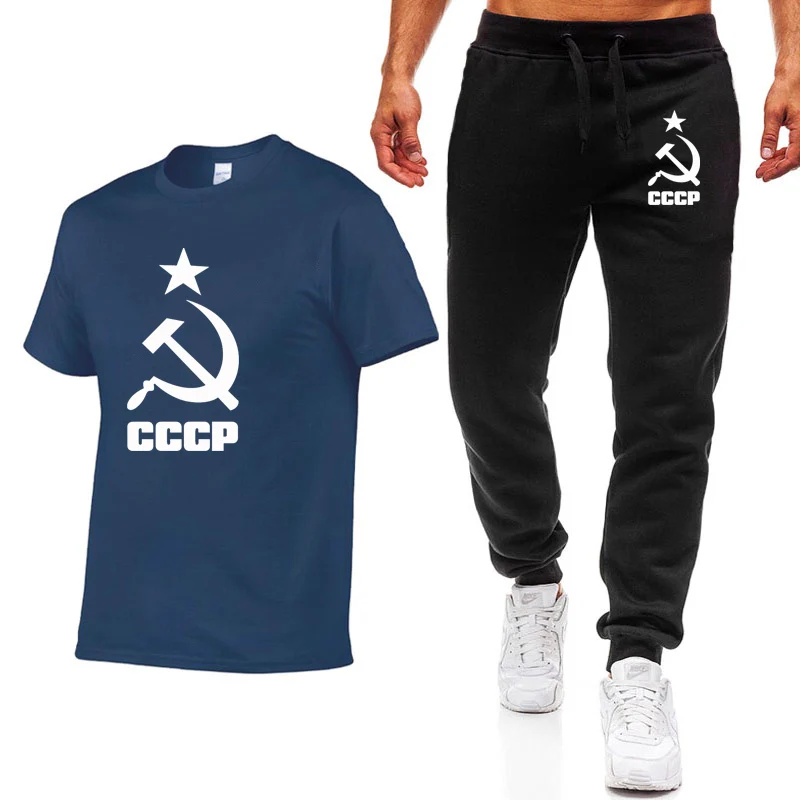 Летние футболки для мужчин, CCCP, Россия, СССР, Советский Союз, мужские повседневные футболки с коротким рукавом, Россия, хлопковые футболки+ штаны, костюм - Цвет: 02