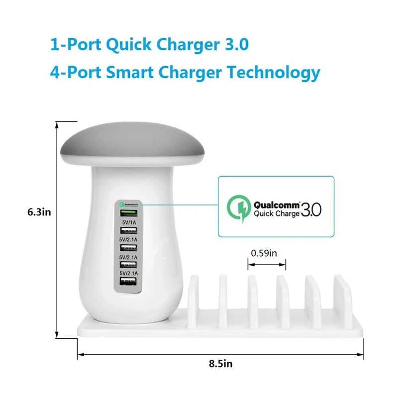 US $20.75 Multi 5 Port 50W USB Charger Station Hub Mushroom LED Lamp Charge Dock QC30 Fast Charging For Mobile Phone Tablet Power Adapter