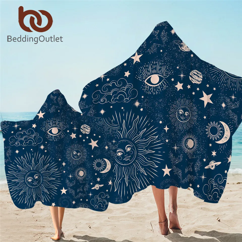 BeddingOutlet Witchcraft Hooded Towel Galaxy Bath With Hood Sun and Moon Microfiber Wearable Beach Blanket Hippie Toalla |