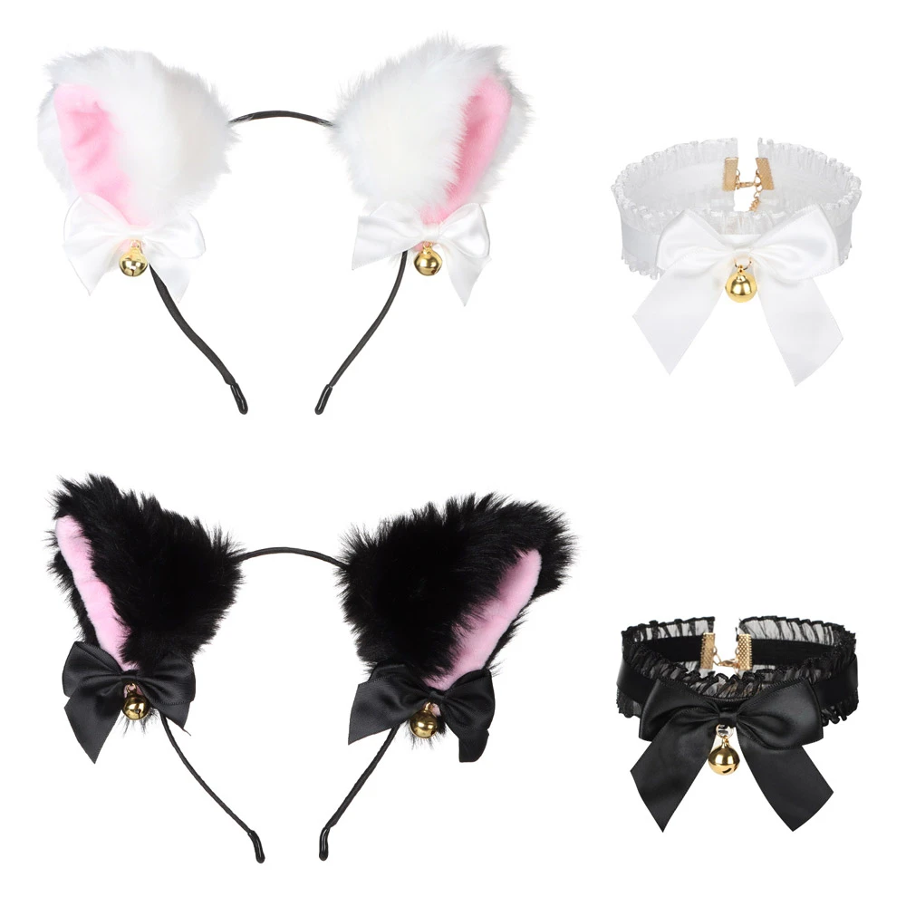 1Set Cat Ear Headband With Bells Necklace Plush Furry Cat Ears Headwear Fancy Dress Hairband Women Girls Party Cosplay Headwear anime outfits