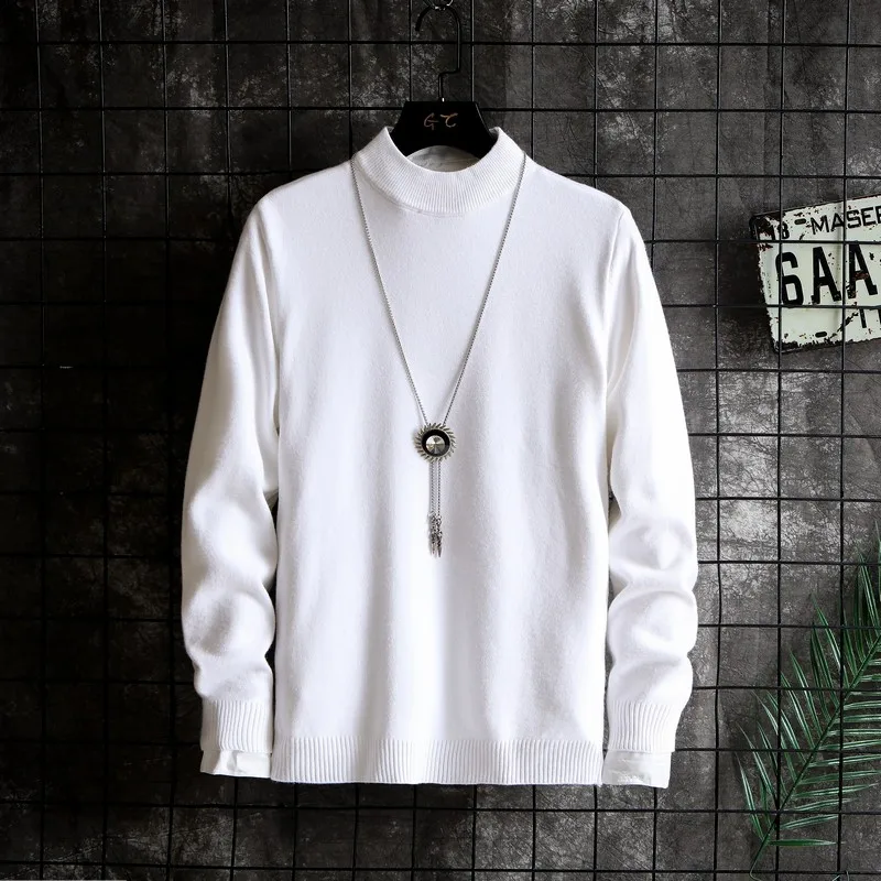 White Sweater Men Брендовый теплый свитер с круглым вырезом для мужчин зимний модный однотонный пуловер с длинными рукавами для мужчин эластичный облегающий пуловер в стиле хип-хоп - Цвет: White Sweater Men