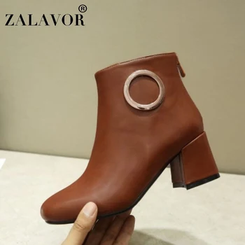 

ZALAVOR Size 32-46 Women Fashion Short Boots Stylish Square Toe Thick Heels Shoes Women Zipper Warm Fur Platform Metal Footwear