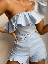 

2021 New Ruffles One Shoulder Lace Playsuit Sashes Casual Sexy Top Women Rompers Backless Summer Ladies Bodycon Short Jumpsuit