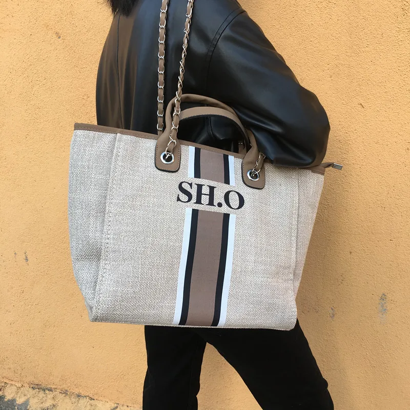 Personalized Monogram Beach Tote Bag Canvas Customised Stripe Initials Chain Handbag Monogrammed Market Bag Shopping Jutes