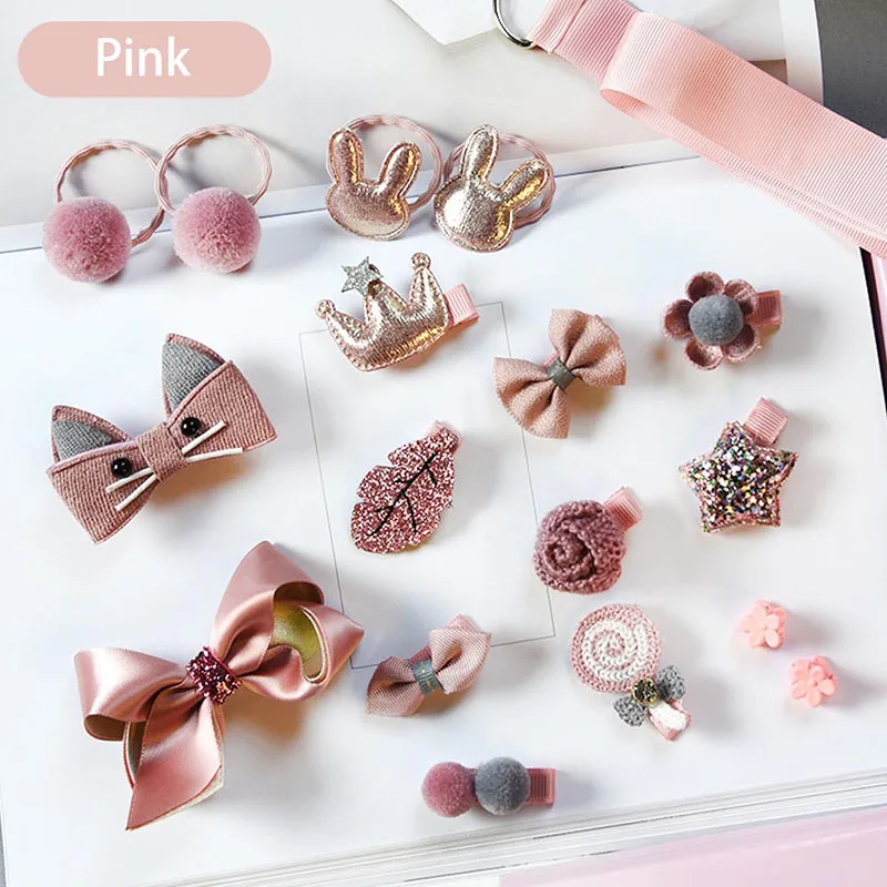 Pink Красивый комплект одежды для головы из 18 предметов, Детские эластичные заколки для волос с бантом, заколки для волос с кроликом и цветами, заколки для волос, детские заколки с бантиком - Цвет: Pink