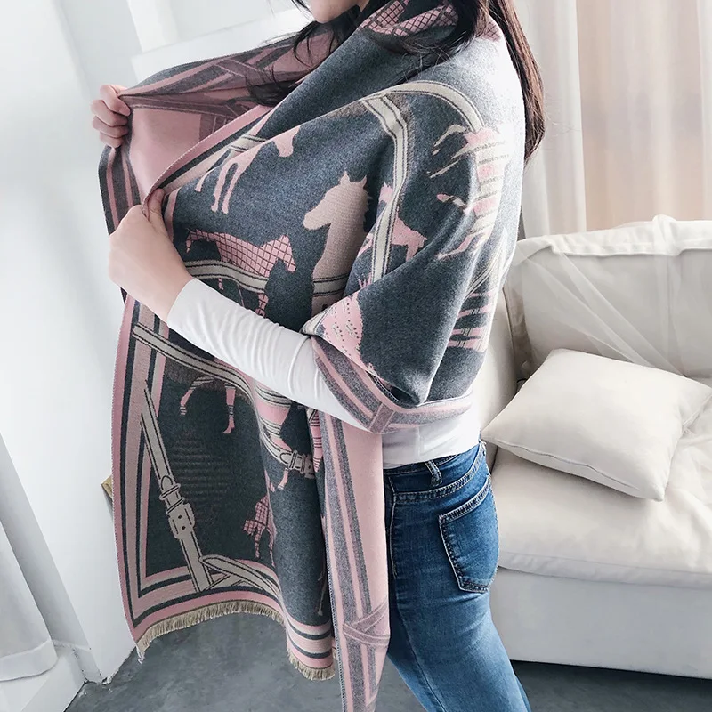 Двухсторонние кашемировые шарфы для женщин зимний шарф толстые теплые шали и обертывания брендовый дизайнер пашмины femme пончо Echarpe - Цвет: gray