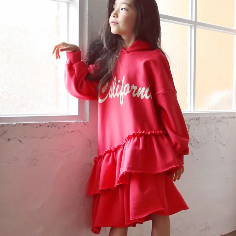 Весенне-осеннее платье с буквенным принтом для девочек-подростков асимметричное платье с оборками для девочек детское платье с капюшоном и длинными рукавами; Vestidos 4-14T
