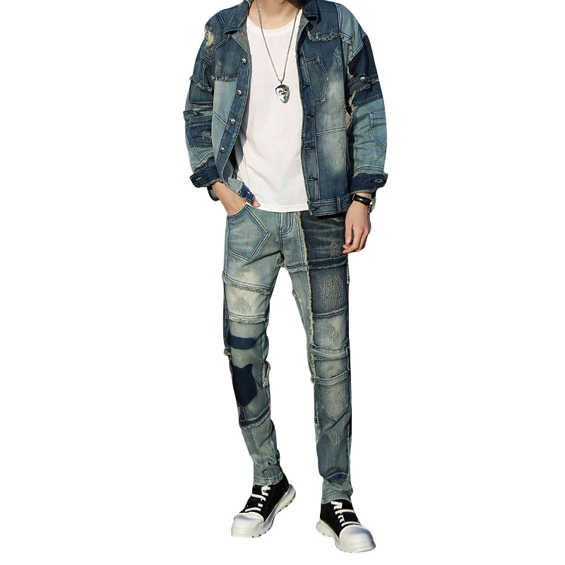 

Men's Hip Hop Ripped Denim Jacket Distressed Patchwork Fashion Jeans Sets 2020 Streetwear Slim fit Outwear Hole Cowhide Coats