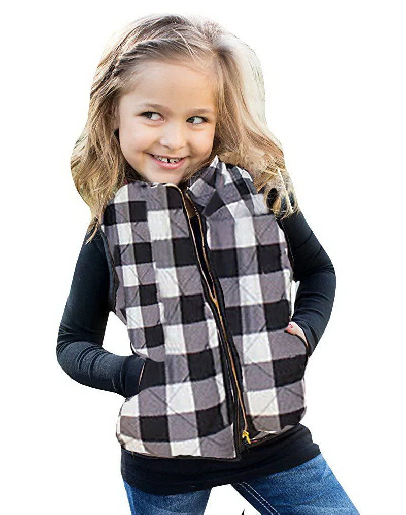 Retail Girls Plaid Quilted Waistcoat Baby Clothes Black Red Black White Spring Autumn Cotton Vests 3-7Y E81483