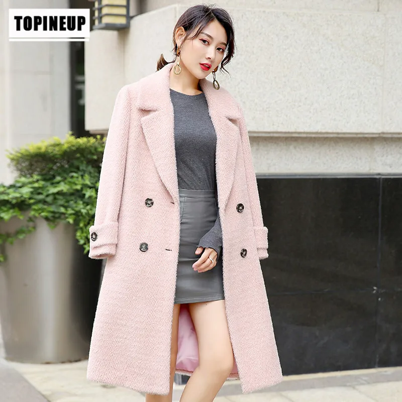 

High Quality Soft Mink Plush Overcoat Female Midi Cashmere Woolen Coat Winter Woman Coats With Belt 2019 Abrigos Mujer Invierno