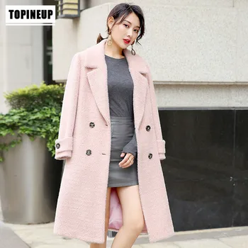 

High Quality Soft Mink Plush Overcoat Female Midi Cashmere Woolen Coat Winter Woman Coats With Belt 2019 Abrigos Mujer Invierno