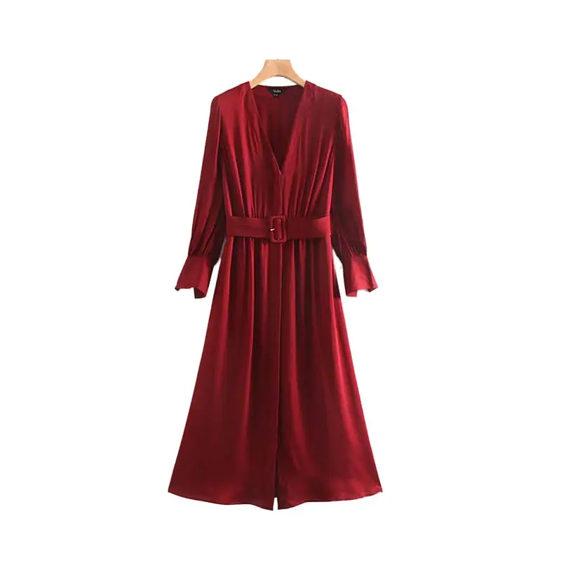 Женское элегантное платье vadim с v-образным вырезом миди платье длинный рукав ремень дизайн плиссированные Женские повседневные стильные платья A line vestidos mujer QC784 - Цвет: as picture