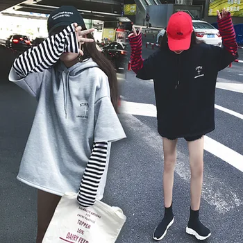 

Free Shipping Women Autumn Fake Two Hoodie Ladies Loose Hat Top Plus-size 2019 New with Cap Thin Student Wear