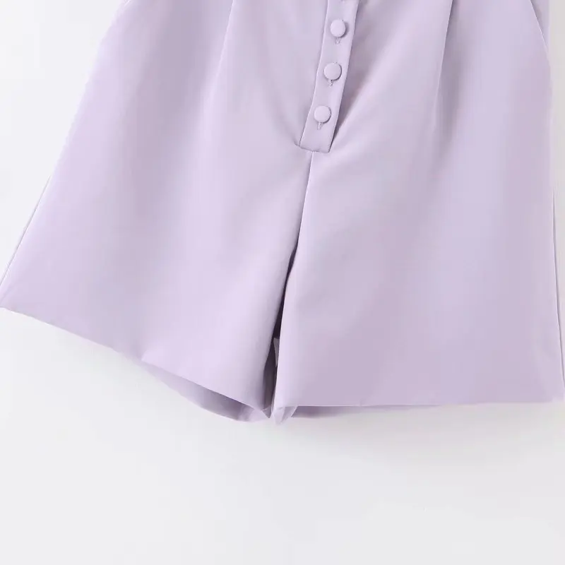 ANSFX Stylish Lavender Boyfriend One Button Blazer Pockets Notched Collar Long Suit Coat Outerwear Tank Top Shorts 3 Pieces Sets