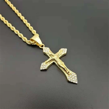 

Gothic Punk Gold Color Jesus Cross Pendant Necklace for Women Hip Hop Jewelry 60cm Stainless Steel Chain Necklaces Men Gifts