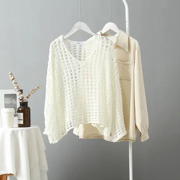 

2020 WOMEN Hollow V-neck loose pullover sweater Korean wild casual sweater