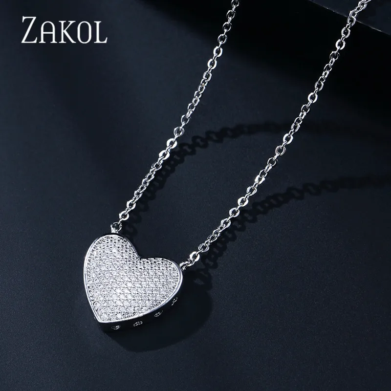 ZAKOL романтическое ожерелье с кулоном в виде сердца из кубического циркония для женщин, модное колье, ювелирные изделия FSNP2095