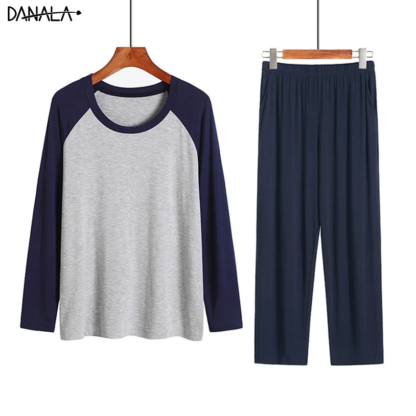 

DANALA Men Sleepwear Sets Winter Autumn Soft Warm Modal Pajamas Long Sleeve O-Neck Casual Male Pyjamas Home Clothes For Men