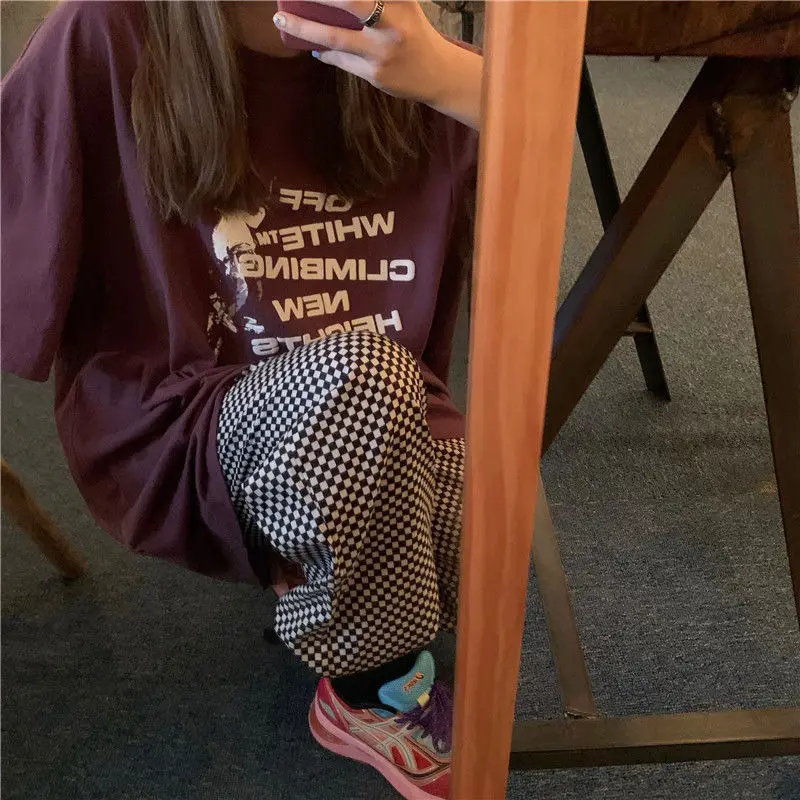 Total em Linha Calças Xadrez Feminino Cintura Alta Elástica Comprimento Reta Elegante Adolescentes Streetwear Chique Verão Casal Lazer Solto 13 Calças xadrez feminino xadrez cintura alta elástica