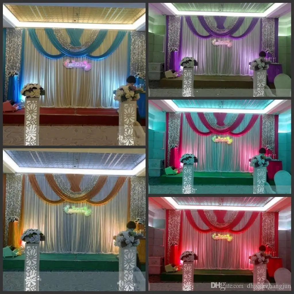 20ft*10ft Luxury ice silk Wedding Backdrop Stage Curtains with swags Silver Sequin Fabric Wedding Props Satin Drape curtain party decoration
