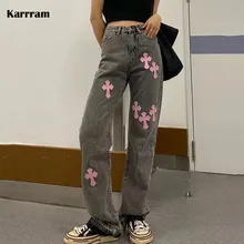 

Karrram Vintage Distressed Black Jeans Pink Cross Wide Leg Pants Women Fairy Grunge High Waist Jeans Boyfriend Gothic Denim Pant