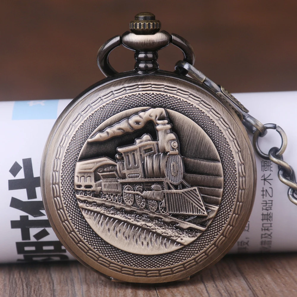 

5pcs Vintage Running Steam Train Mechanical Pocket Watch Hand-Winding Watch Locomotive Engine Chain Single Hunter Fob Chain Gift