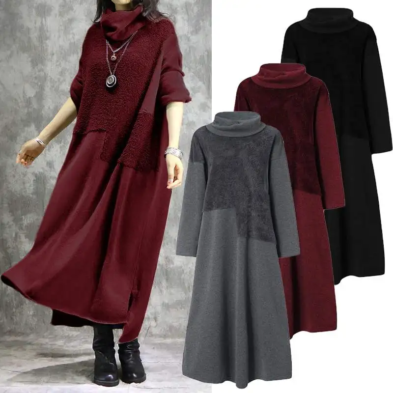 

ZANZEA Vintage Turtleneck Sweatshirts Dress Casual Hoodies Pullovers Women's Spring Sundress Female Pacthwork Robe Plus Size 7