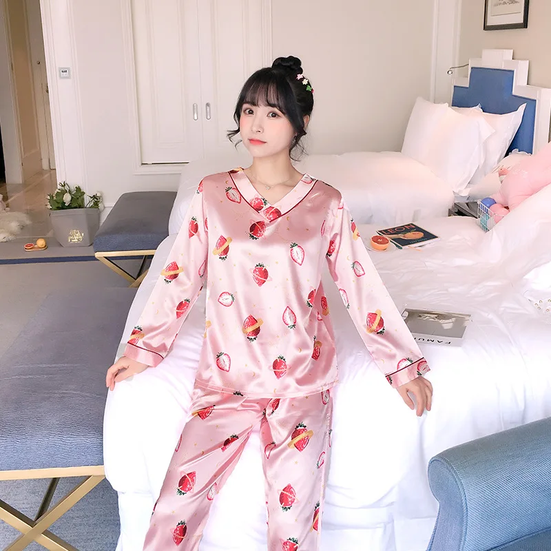 

Low Price Spring And Autumn Hot Selling Long Sleeve Pajamas Women's Imitated Silk Fabric Set V-neck Cartoon Multi--Silk Home Wea