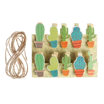 

11Pcs/set Mini Cactus Plant Photo Clip Painted Wooden Clips Message Photo Holder Card Paper Pegs With Rope Cute Creative Clip