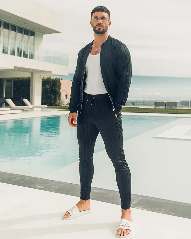 

New Style Muscle Brother Fitness Autumn And Winter Men Stripes Sports Set Casual Sweatshirt Fitness Elasticity Running