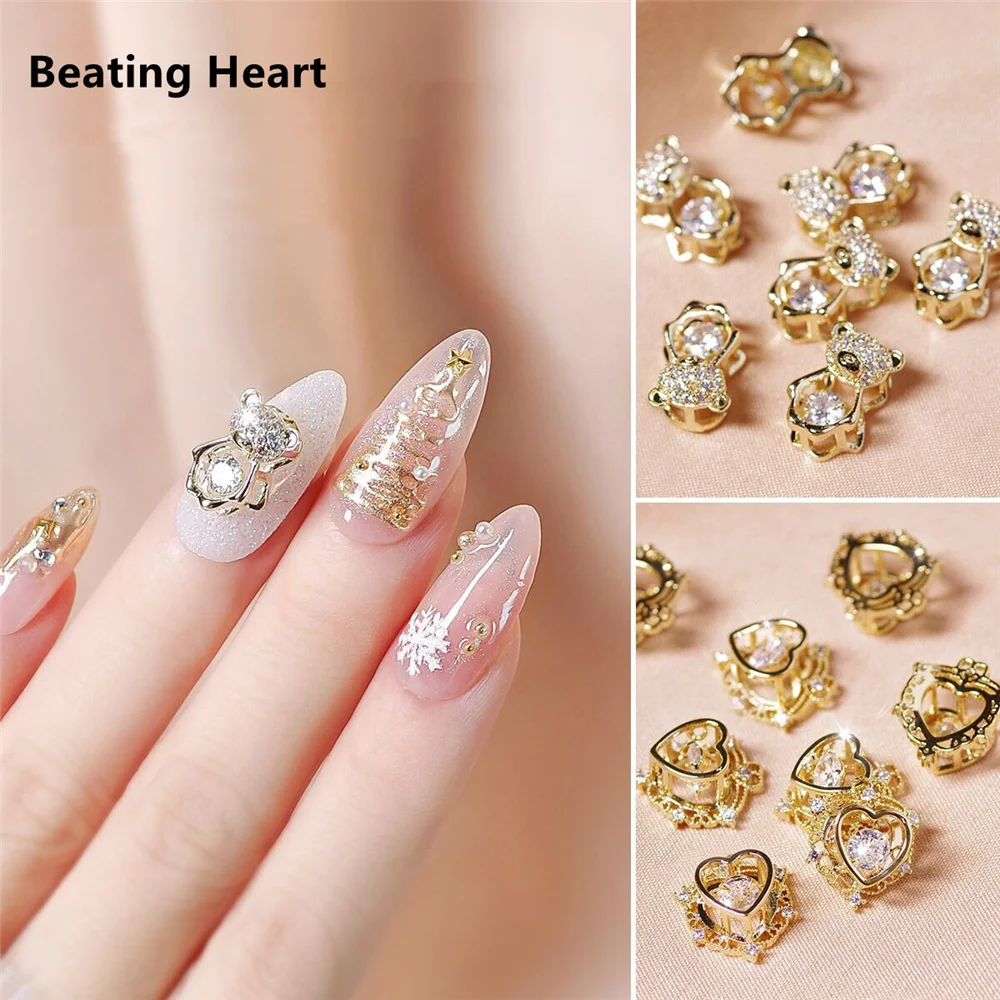 3D Zircon Rotate Nail Charms Heart&Bear Pendant Alloy Decorations Spin  Crystal Japanese Jewelry Rhinestones For Nails Gems Decor