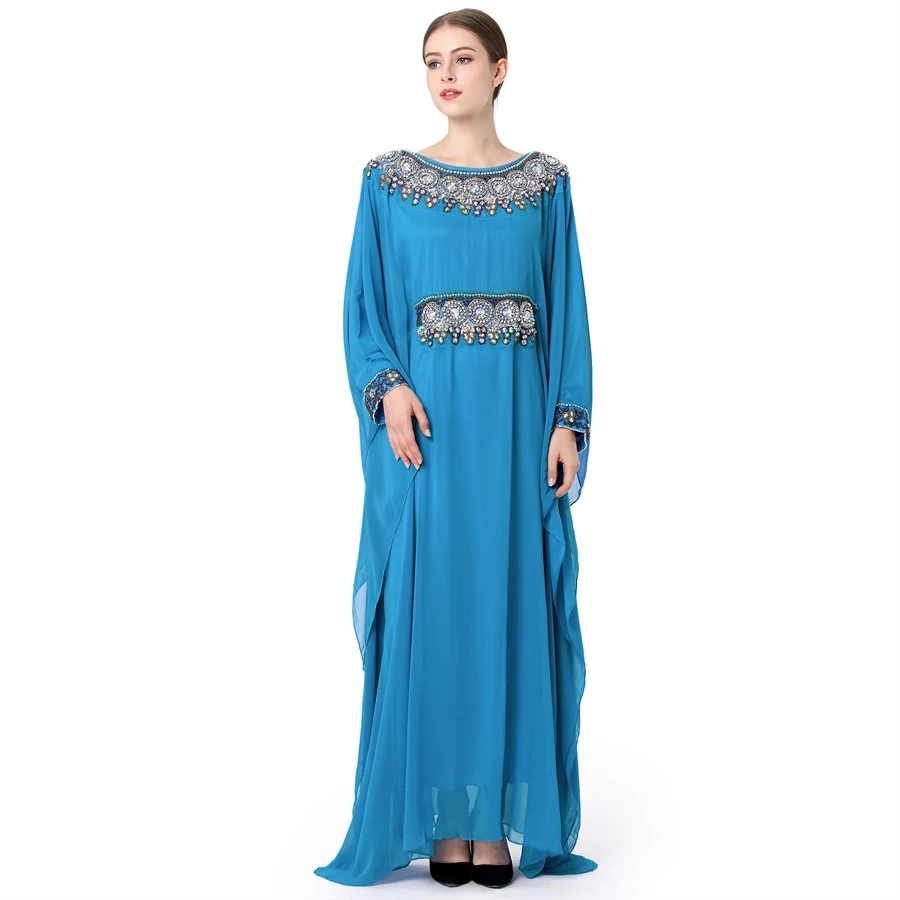 Бисером праздничная одежда фараша Дубайский Кафтан Макси марокканский кафтан платье свадебное Jalabiya женщины - Цвет: Синий