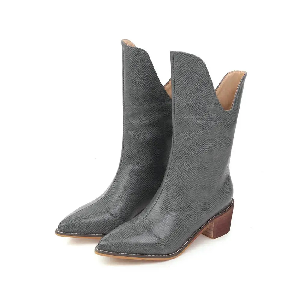 Повседневные ковбойские ботильоны в ковбойском стиле; сезон осень-зима; женские ковбойские ботинки из змеиной кожи; короткие ковбойские ботинки; botas; обувь на высоком каблуке - Цвет: gray    plush
