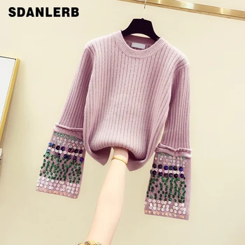 

Sweaters Women's Autumn New Korean Style Pullovers Loose Outwears Handmade Sequins Lazy Wind Knitted Shirts Sweater