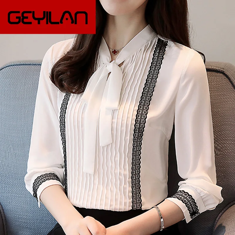 

Blusas Mujer De Moda 2019 Bow V-neck Office Ladies Tops Long Sleeve Solid White Chiffon Blouse Women Shirts Top Female D472 80