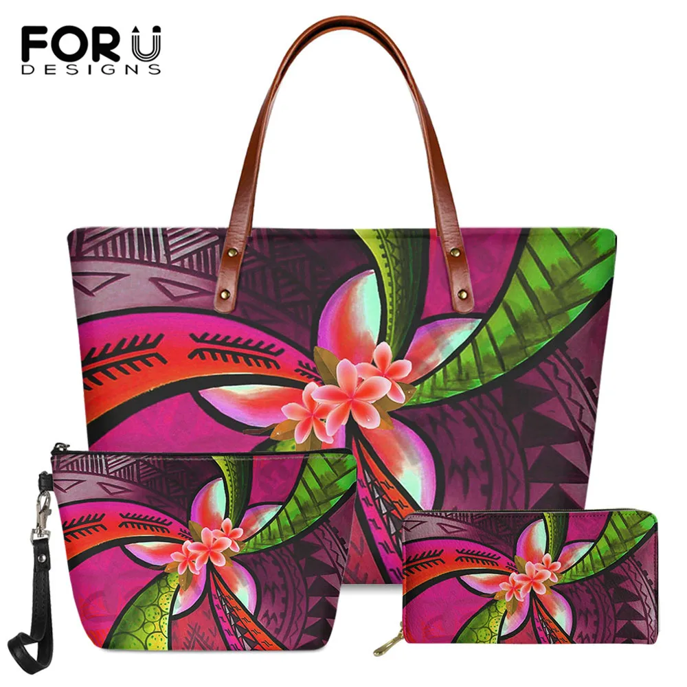 

FORUDESIGNS Vintage Ppolynesian Tribal Hibiscus Print Brand Designer Fashion Women 3set Handbag Ladies Long PU Leather Wallet