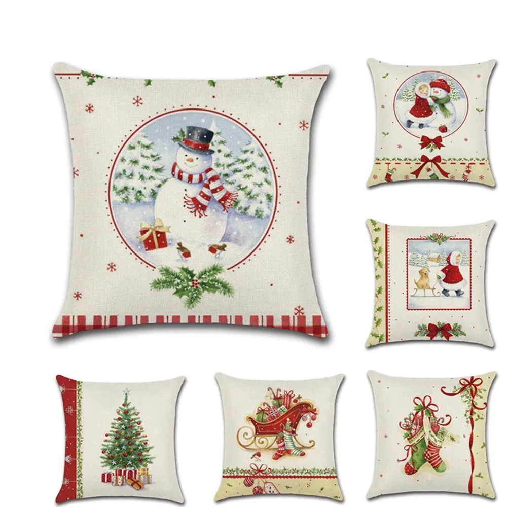 

New Christmas Day Linen Cushion Cover Decorative Cartoon Snowman Cute Girl Christmas Tree Pillowcase 45*45cm