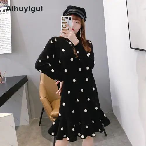 

Aihuyigui 2019 Green Knit Women Sweater Oneck Polka Dots Ruffles Knitwear Pull Green Loose Wave Long Sweater mujer Hs717