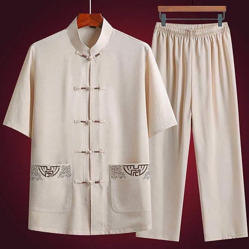 Traditional Chinese Clothing Set for Men Adult Tai Chi Kung Fu Uniforms Linen Short Sleeve Embroidery Casual Chinese Costumes