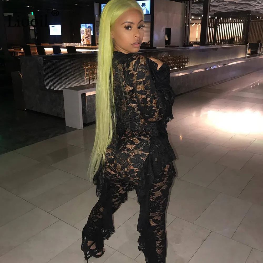 Liooil Sexy One Piece Outfits Lace Sheer Jumpsuits Women Autumn Long Sleeve O Neck Ruffle Party See Through Romper Club Jumpsuit