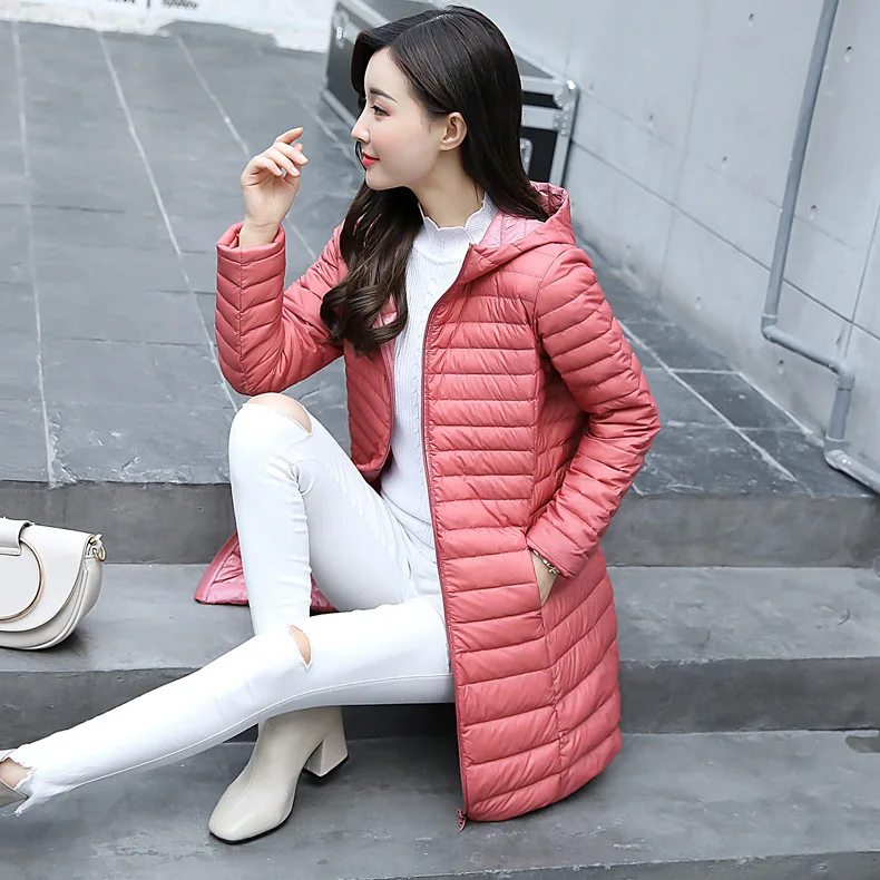Женский пуховик средней длины с капюшоном, женская осенняя и зимняя тонкая приталенная модная куртка в Корейском стиле