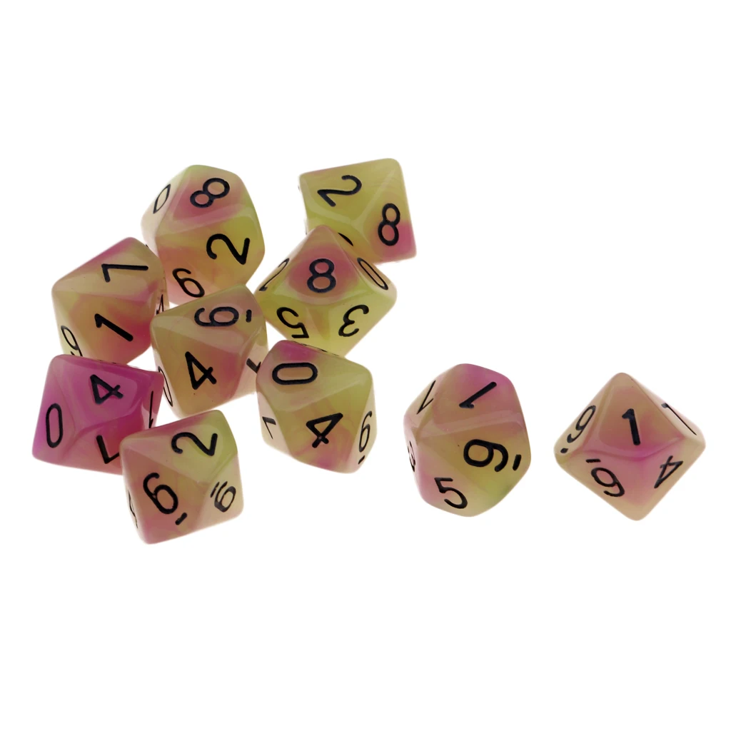 Tabletop Game 10pcs Dungeons Dragons Dice D10 D&D Luminous 1.6cm Multi Dice Set Night Luminous Dice Set