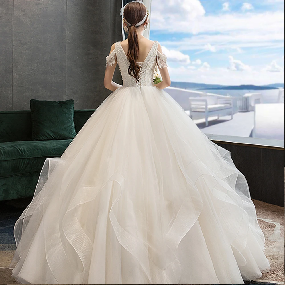 Изготовленный на заказ Белый бальное платье Свадебные платья Robe De Mariee короткий рукав глубокий v-образный вырез кружева Жемчуг платья принцессы Элегантный