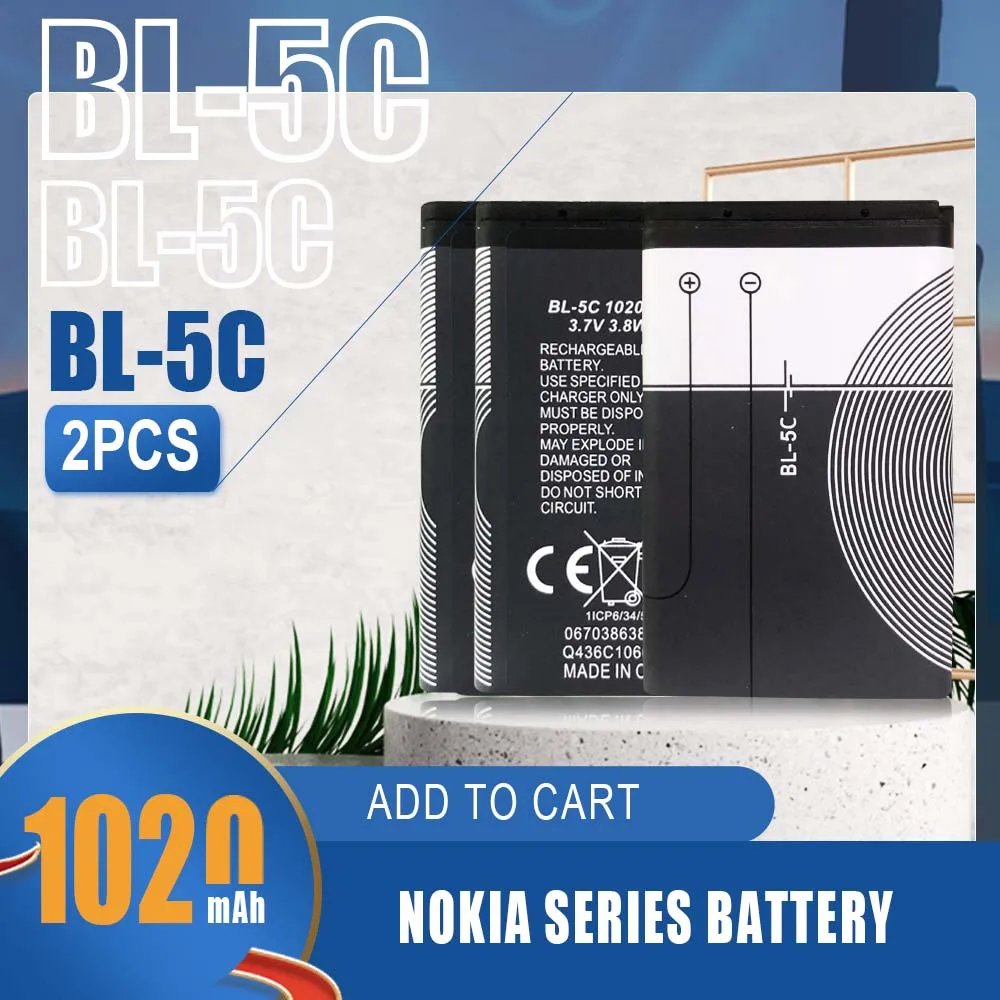 2Pcs 1020Mah BL-5C BL5C Bl 5C Li-Ion Batterij Voor Nokia 1100 1112 1208 1600 2610 2600 2700 3100 3110 5130 6230 N70 N71 Telefoon Mobiele