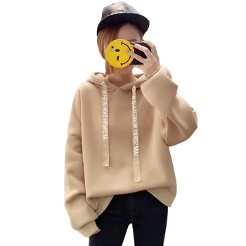 

Trendy Womens Hoodies Letter Printed Females Hooded Tops Casual Loose Women Thickening Female Velvet Pullover New Fashion Korean
