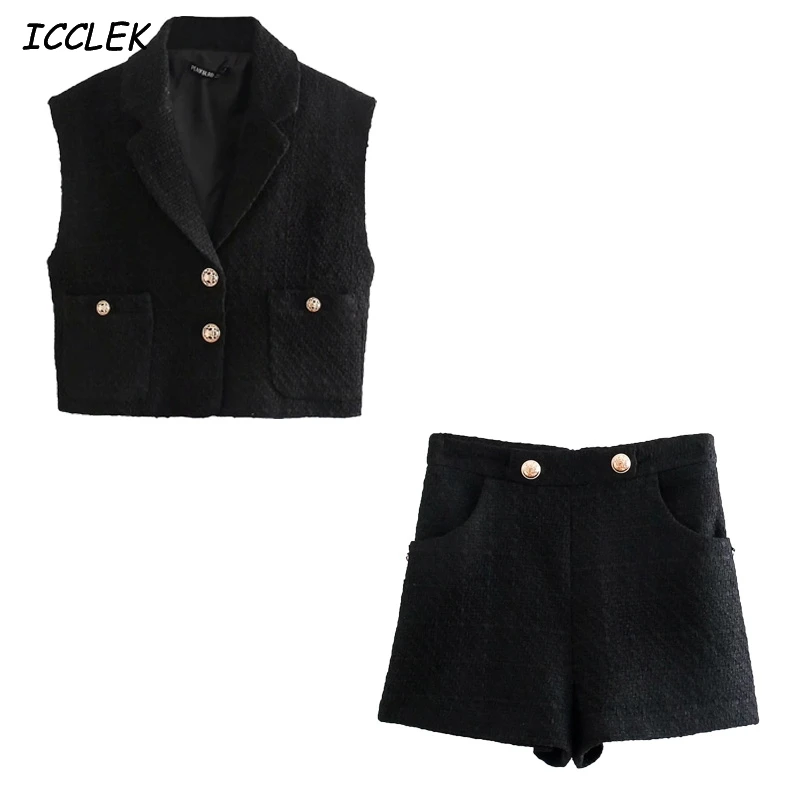 Icclek Women's Blazers Vest Suits Blacks Coats ins Elegant Sets Female Sleeveless Office Formal Workwear Outfit Spring Casual