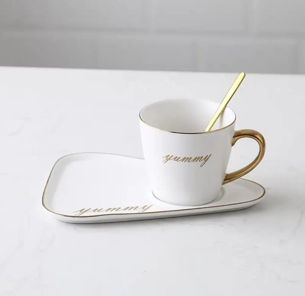 white set D Скандинавская керамическая кофейная чашка с ложкой и блюдцем, набор креативных европейских роскошных чашек для завтрака, закусок, послеобеденного чая, набор посуды с поддоном - Цвет: white set D