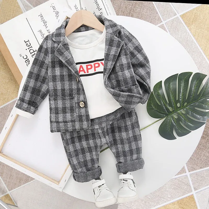 

Newborn Single Breasted Two-piece Spring Autumn Polyester Plaid Suit Infant British Suit Jacket Trousers